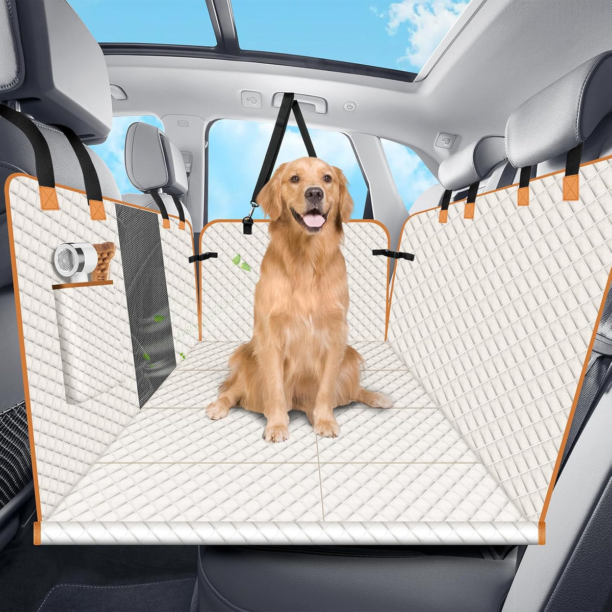 Dog Car Seat Cover for Back Seat, Dog Car Bed Cover with Strong Hard Bottom, Car Back Seat Extender Hammock for Car SUV Truck 4 Panels Beige Color