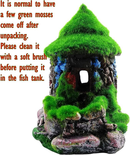 M2cbridge Aquarium Decorations Fish Hideout House Betta Cave with Green Lifelike Moss (Style 1)