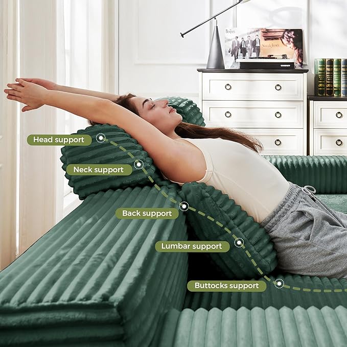 141" U-Shaped Cloud Modular Sectional Sofa with Chaise & Headrest, Boneless Deep Seat Plush Corduroy Couches for Large Living Room, No Assembly Required (Green, 141" U-shapred Chaise)