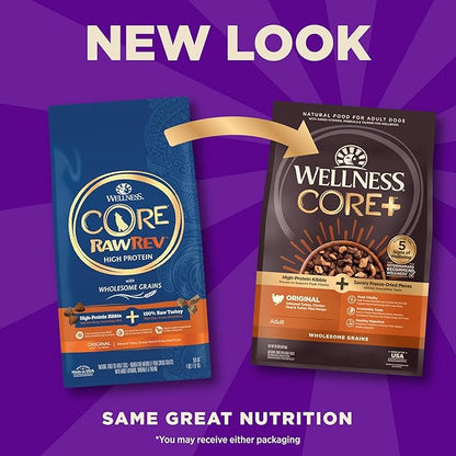 Wellness CORE+ (Formerly RawRev) Grained Dry Dog Food, Original Turkey & Chicken with Freeze Dried Turkey Recipe, 20 Pound Bag