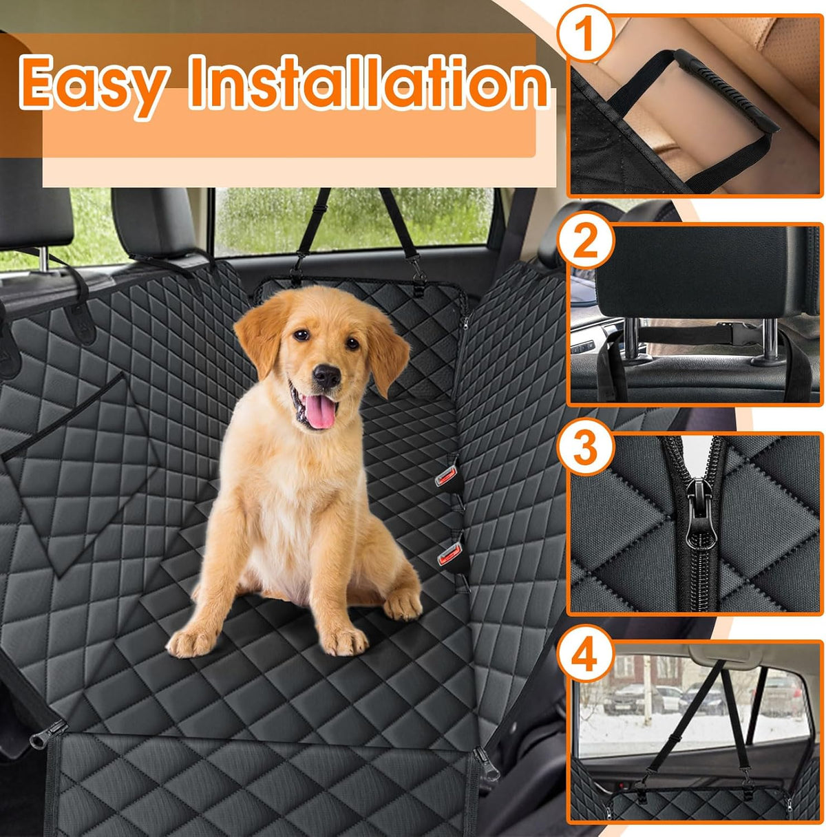 Waterproof Dog Car Seat Cover for Back Seat - Durable, Scratch Proof Pet Hammock with Nonslip Design & Storage Pockets, Fits Cars, SUVs, Trucks- S, Black