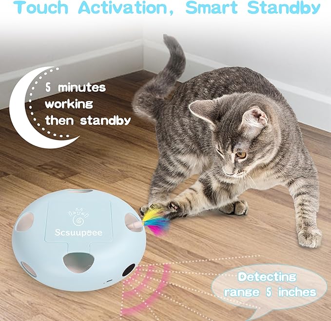 IInteractive Cat Toy, Electric Cat Toys for Moving Concealed Feathers, Smart Sensor 7 Holes Whack a Mole Feather Toy, USB Charge Automatic Kitten Toys,Blue