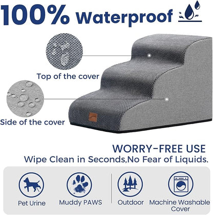 GoGoBunny Dog Stairs for Small Dogs, 3-Step Pet Steps for Couch Sofa, Grey | 15.7" H Pet Ramp, Non-Slip Waterproof Fabric Cover, Stable and Balanced Indoor Step, Pet Friendly