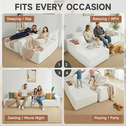 Modular Sectional Sofa Cloud Couch with Multi-Functional Armrests, Boneless Plush L-Shape Living Room Couch with Deep Seat, Fluffy Comfy Sleeper Sofa Easy Assembly (Beige, Right Chaise)