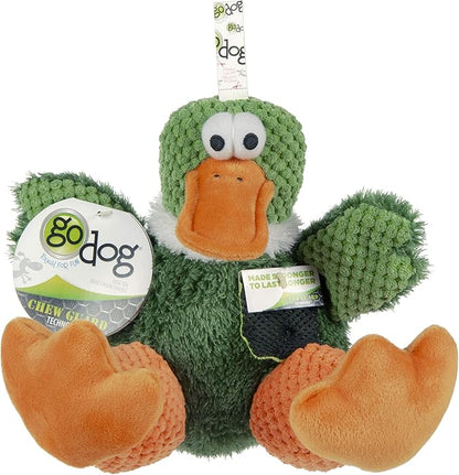 goDog Checkers Sitting Duck Squeaky Plush Dog Toy, Chew Guard Technology - Green, Large
