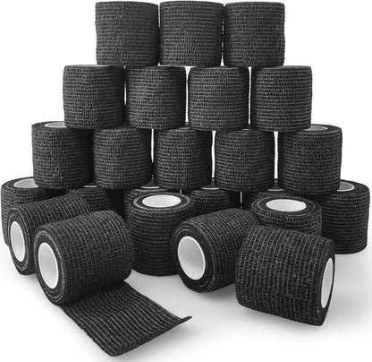 24 Rolls Black Elastic Self Adhesive Bandage Wrap, Breathable Flexible Fabric Non Woven Cohesive Bandage, Ankle Sprains Swelling Medical First Aid Sports Athletic Tape, Dogs Pet Vet Wrap 2 in