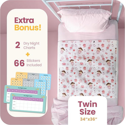 IMPROVIA® Pee Pads for Kids - Bed wetting Pads for Kids Potty Training Bed mats for Toddlers Waterproof Reuseable Washable Absorbent, Non Slip - Doll Design - Twin Size 34”x36 (2 Pack)