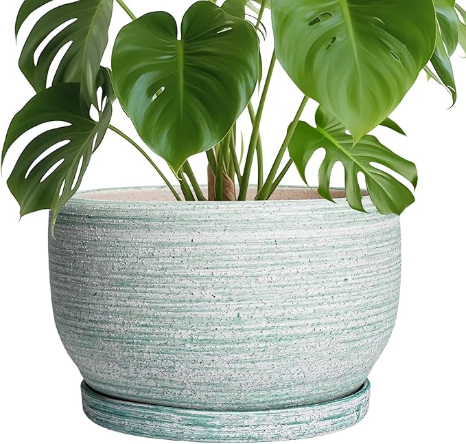 SQOWL Ceramic Pots for Plants - 10 Inch Ceramic Planter for Indoor Outdoor, Modern Round Flower Pot with Drainage Hole and Saucer, Large Planter, Home Office Decor, Gifts for Plant Lovers, Green