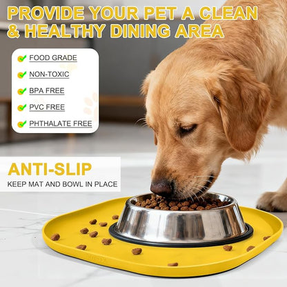 SMILOOL Waterproof Silicone Pet Food Mat with Raised Edge for Dog & Cat | 12" x 12" Non-Slip Small Pet Feeding Mats with Lip for Food & Water Bowl, Food Grade, Easy Cleaning, Vivid Yellow