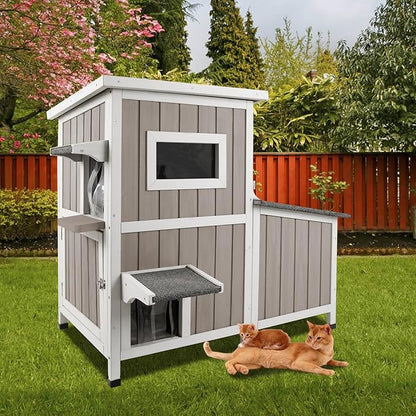 36.1" L Outdoor Cat House,2 Story Wooden Outdoor Cat Shelter with 3 Escape Doors,Weatherproof Fir Wood Feral Cat House with 2 Big Rest Rooms & Openable Asphalt Roof for 2-3 Cats