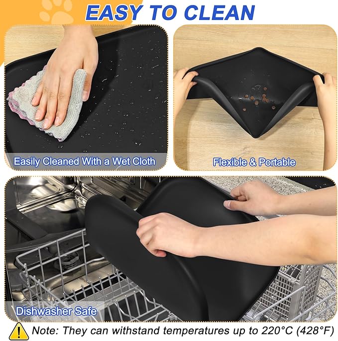 SMILOOL Waterproof Silicone Pet Food Mat with Raised Edge for Dog & Cat | 19" x 12" Non-Slip Pet Feeding Mats with Lip for Food & Water Bowl, Food Grade, Easy Cleaning, Black