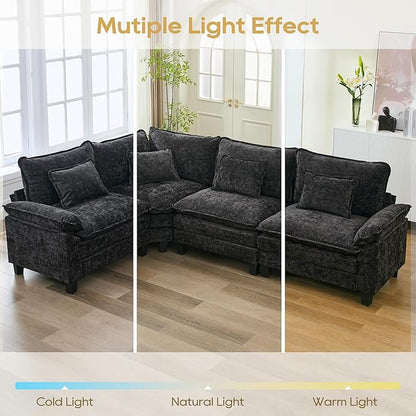 URRED Cloud Couch Modular Sectional Sofa, 116" Modern L Shaped Deep Seat Sofa with Pillows, Ultra Comfy Chenille Corner Couches for Living Room, Bedroom or Apartment, Black