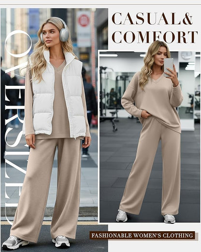 JoyMotion 2 Piece Women's Sweatsuit, V Neck Oversized Tracksuit Wide Leg Pant Fall Lounge Set Long Sleeve Sweatshirts Outfit