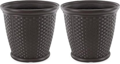 Suncast 2 Pack Sonora 22 Inch Plastic Wicker Indoor or Outdoor Decorative Garden Flower Planter for Entryways, Porch, and Backyard Patios, Dark Brown