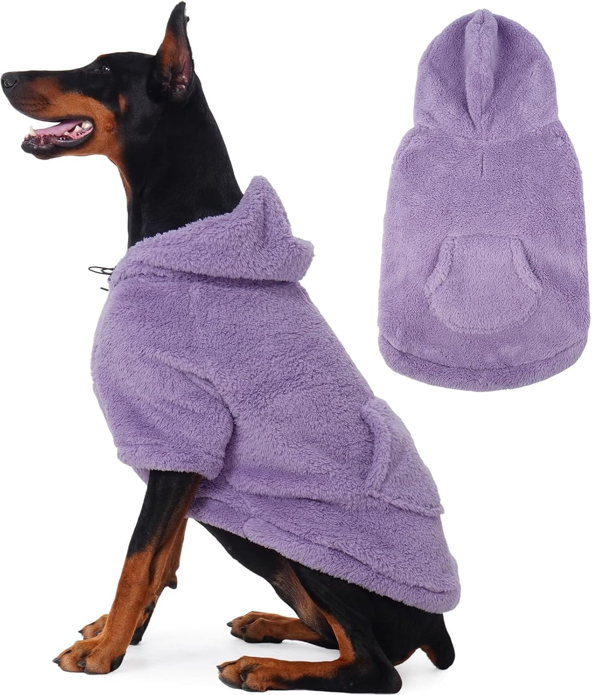 IDOMIK Fuzzy Dog Sweater with Adjustable Hood, Warm Fleece Dog Sweater Hoodie with Harness Hole & Pocket, Pullover Sweaters for Large Dogs, Fuzzy Hooded Sweatshirt for Fall Winter Christmas,Purple,2XL