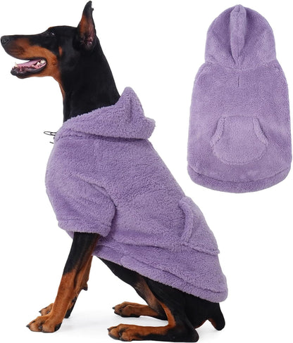 IDOMIK Fuzzy Dog Sweater with Adjustable Hood, Warm Fleece Dog Sweater Hoodie with Harness Hole & Pocket, Pullover Sweaters for Large Dogs, Fuzzy Hooded Sweatshirt for Fall Winter Christmas,Purple,2XL