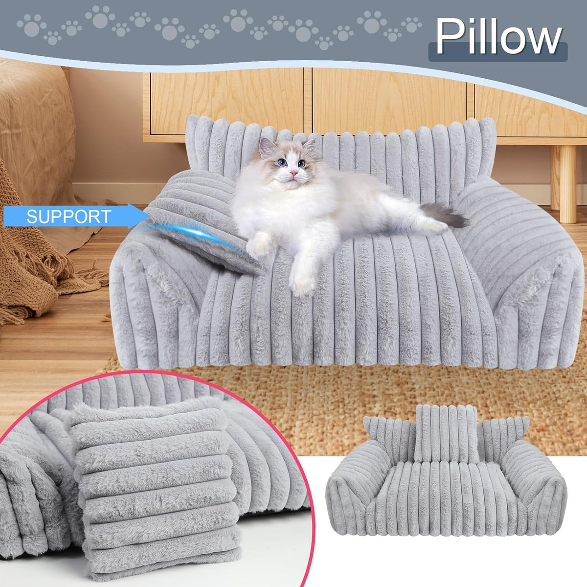 Cute Cat Couch Bed for Indoor Cats, Fluffy Pet Cat Sofa with Premium Soft Corduroy Fleece, Cute Small Dog Beds for Small Dogs, Fuzzy Puppy Chair with Removable Washable Cover (30x20x10,Grey)