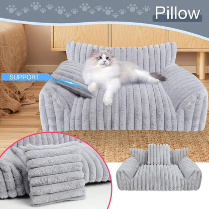 Cute Cat Couch Bed for Indoor Cats, Fluffy Pet Cat Sofa with Premium Soft Corduroy Fleece, Cute Small Dog Beds for Small Dogs, Fuzzy Puppy Chair with Removable Washable Cover (30x20x10,Grey)