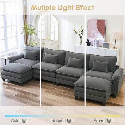 URRED Cloud Couch Modular Sectional Sofa, 157" Modern U Shaped Deep Seat Sofa with 2 Ottomans & Pillows, Ultra Comfy VelvetCouches for Living Room, Bedroom or Apartment, Dark Gray