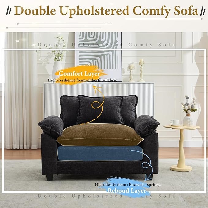 URRED Modular Sectional Sofa Comfy Cloud Couch, Modern Chenille Sofa Sleeper Deep Seat Couches with Ottoman/Pillows for Living Room (Black, 53'')
