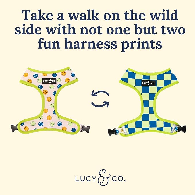 Lucy & Co. Reversible Dog Harness - Water-Repellent Neoprene, Dual-Print Design, Easy Swap Style, Adjustable Comfort Fit - Have a Nice Day Reversible Harness - Large