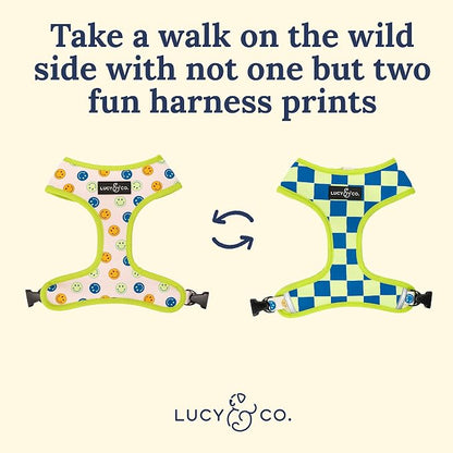 Lucy & Co. Reversible Dog Harness - Water-Repellent Neoprene, Dual-Print Design, Easy Swap Style, Adjustable Comfort Fit - Have a Nice Day Reversible Harness - Large