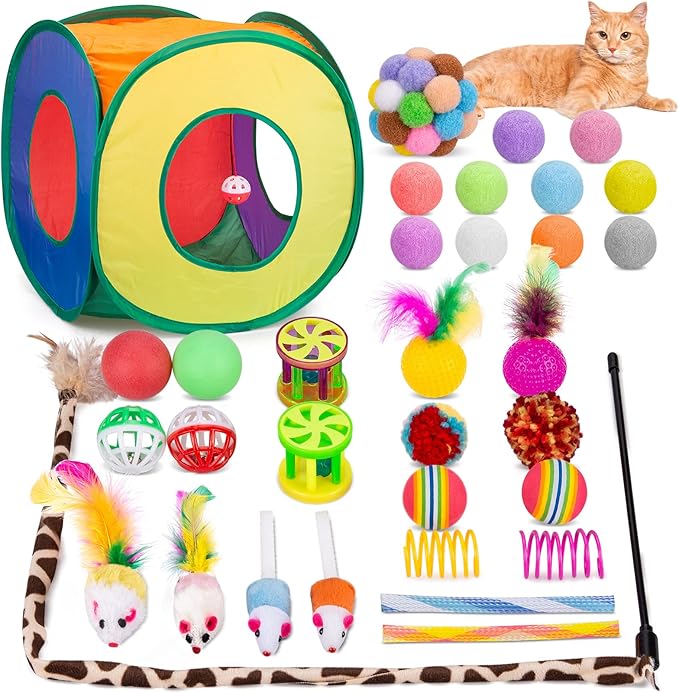 Retro Shaw Cat Toys Bundle 33 Pack, Interactive Kitten Toys for Indoor Cats Kitty with Collapsible Play Tunnel Tube Tent Feather Wand Teaser Bell Fuzzy Ball Springs Mouse Toy