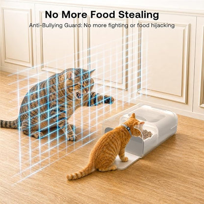 RFID Automatic Cat Feeder with Collar Sensor, Anti-Stealing Food Dispenser with Sealed Lid for Wet Dry Food and Different Diet for Multi-Pet Home, Auto Pet Feeder for Cats & Small Dogs, White