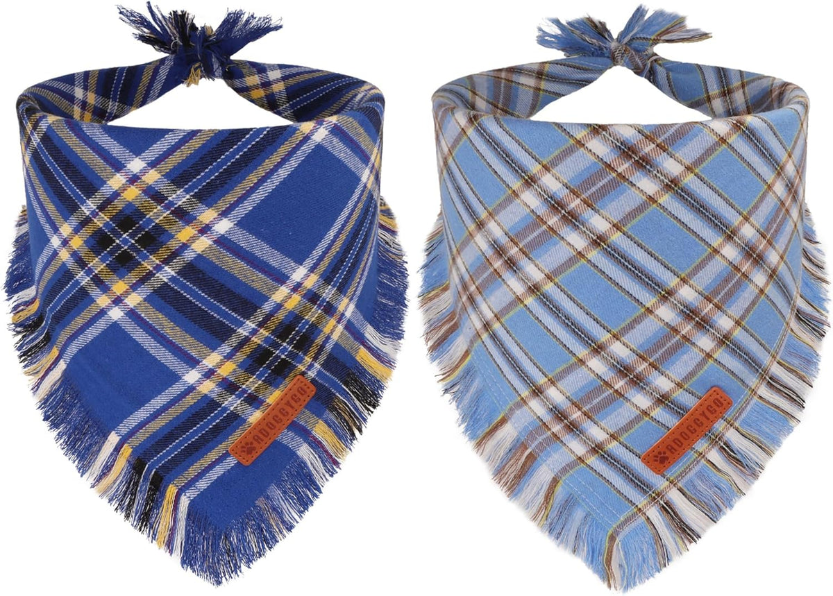 ADOGGYGO Dog Bandanas Boy with Tassels Edges, Stylish Blue Plaid Pet Scarf, Soft Cotton Fabric, Adjustable Reversible Plaid Bandanas for Medium Large Dogs (Large)