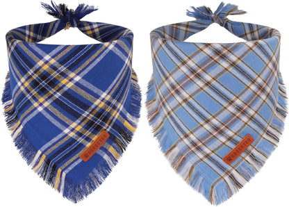 ADOGGYGO Dog Bandanas Boy with Tassels Edges, Stylish Blue Plaid Pet Scarf, Soft Cotton Fabric, Adjustable Reversible Plaid Bandanas for Medium Large Dogs (Large)