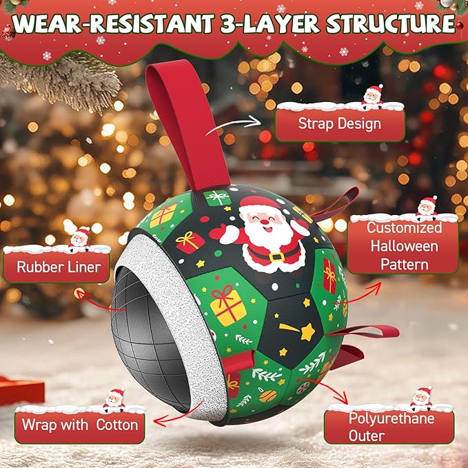 QDAN Christmas Dog Toys: Soccer Ball with Straps for Outdoor Play, Tug of War- Dog Birthday Gift, 8 Inch Balls for Medium & Large Dogs