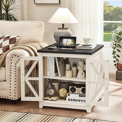 Farmhouse Coffee Table Sets 2 Pieces, Large End Side Tables with Charging Station and Coffee Table with Hidden Storage Compartment, Black Living Room Table Set, Wood Furniture Sets for Home Office