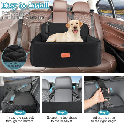 Dog Car Seat for Medium/Large Dogs, Pet Booster Seat for Under 55 lbs or 2 Small Dogs, Detachable & Washable Dog Car Bed for Backseat with 2 Safety Leashes(Black)