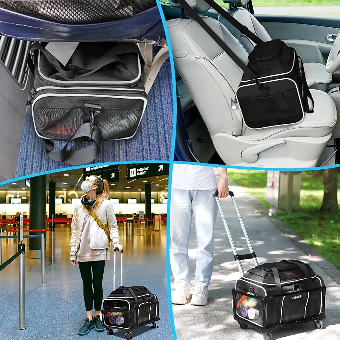 Top-Expandable Small Pet Carrier with Wheels Airline Approved | 18"x11"x11", for Delta/American/United Airlines, Lockable Safety Zippers and Anti-Scratch Mesh, Pets Under 10 Lbs, Black