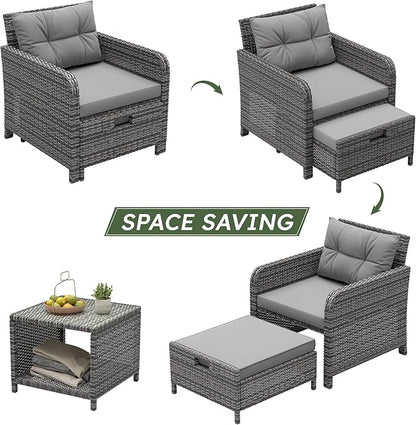 LHBcraft 5 Piece Patio Conversation Set Outdoor Patio Chairs with Ottomans Balcony Furniture with Soft Cushions & Coffee Table for Poolside Garden Balcony, Grey