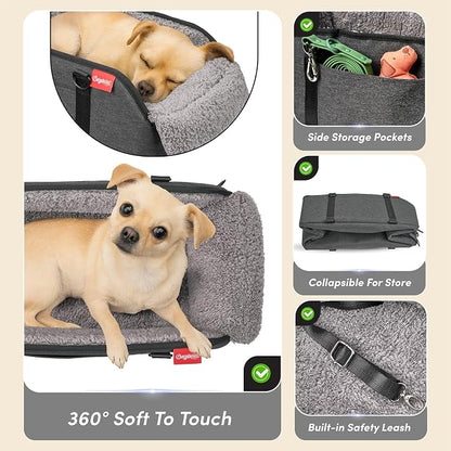 Center Console Dog Car Seat for Small Pets to 11lbs, Grey | Anti-collapse armrest Console seat with washable fluffy cushion, pillow & tether for stable, cozy pet travel trips.