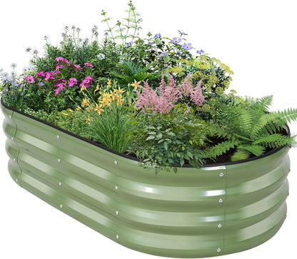 Galvanized Raised Garden Bed Outdoor - 4×2×1ft Planter Raised Beds for Gardening | Oval Metal Garden Planter Box with Safety Edging and Gloves for Vegetables Fruits and Flowers OliveGreen