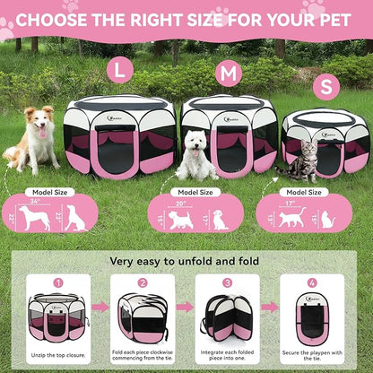 Siedihit Dog Pet Playpen Tent Crate Cage with Washable Pee Pad, Large Pink | Travel Camping Portable Pop Up Easy to Set up lightweight dog Kennel with Carrying Bag for Indoor/Outdoor Wide applicability