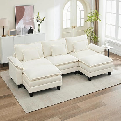 URRED Cloud Couch Modular Sectional Sofa, 122" Modern U Shaped Deep Seat Sofa with 2 Ottomans & Pillows, Ultra Comfy Chenille Couches for Living Room, Bedroom or Apartment, White | Chenille Fabric, Skin Friendly, Breathable, Ergonomic Design, Flexible ...
