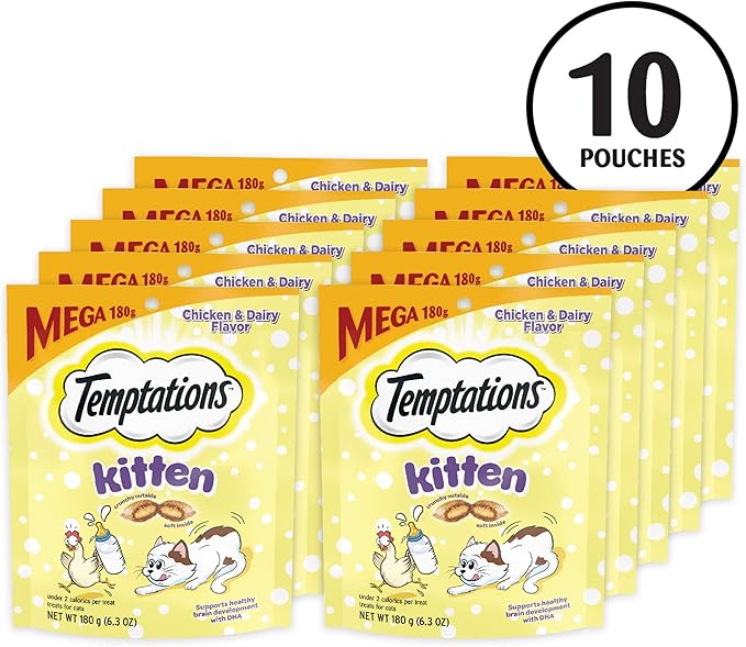 Temptations Kitten Crunchy and Soft Cat Treats Chicken and Dairy Flavor, 6.3 oz. Pouch, (Pack of 10)