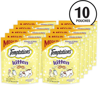 Temptations Kitten Crunchy and Soft Cat Treats Chicken and Dairy Flavor, 6.3 oz. Pouch, (Pack of 10)