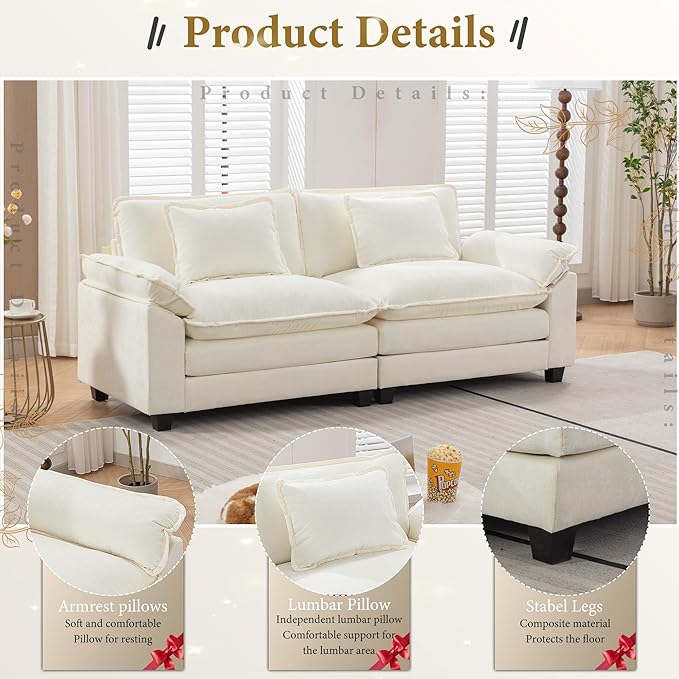 URRED Modular Sectional Sofa Comfy Cloud Couch, Modern Chenille Sofa Sleeper Deep Seat Couches with Ottoman/Pillows for Living Room (White, 82.6'')