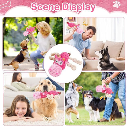 Dog Squeak Toys, Chew Rope for Small & Medium Breeds, Puppy Teething Interactive Plush Toy to Keep Them Busy, Best Birthday, Christmas, Halloween, Easter Gift, Hippo