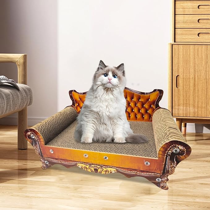 Luxury Cardboard Cat Scratcher Sofa Bed, Couch Shaped Cat Scratching Board, Scratch Lounge with Catnip, Scratcher for Indoor Cats(Brown)