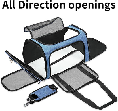 Soft-Sided Cat/Dog/Pet Carrier, Collapsible Pets Travel Carriers for Big Cats/Small Dogs with Shoulder Strap & Removable Mat, Mesh Puppy Carry Bag, Up to 25 Lbs (Blue)