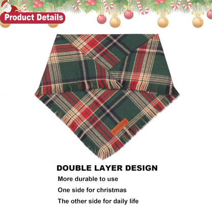 ADOGGYGO Christmas Dog Bandanas with Tassels Edges, Stylish Plaid Dog Christmas Scarf Bib, Multiple Sizes Offered, Plaid Bandanas for Medium Large Dogs (Large)