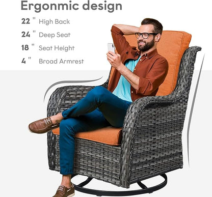 Belord Outdoor Swivel Rocker Wicker Chairs Set of 3, High Back Swivel Patio Chairs Wicker Furniture Set, 2 PCS Rattan Swivel Rocking Chair with Side Table, Orange Cushion