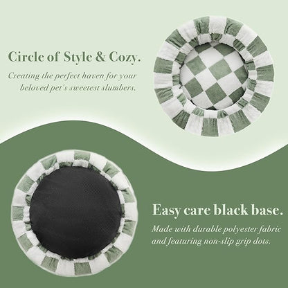 Ohocut Checkered Dog Bed, Cute Sage Green Retro Style Aesthetic Round Warming Pet Calming Beds for Small Dog and Cats, Plush Cozy Donut Washable, 30" L x 30" W x 8" Th