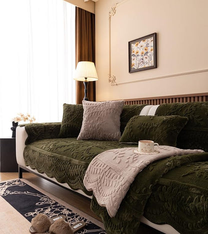Green Fuzzy Rabbit Plush Sofa Cover Cozy Warm Sofa Couch Covers with 3D Jacquard Leaf Pattern Non-Slip Easy-to-Install Shaggy Sofa Slipcover Prefect for Kids Dogs Cats Cats(Green,36"x82")