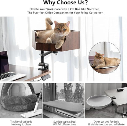 Adjustable Cat Desk Bed with Dual-Protection Locking & 360° Rotation - Super Sturd Space-Saving Perch, Easy Install Modern Design - Supports 28lbs (Walnut/Aluminum Surface)